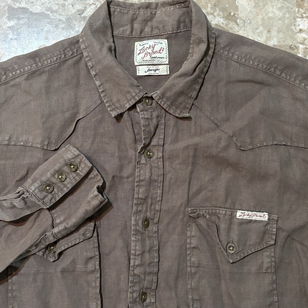 Lucky Brand Pearl Snap Shirt Mens Large Brown 100% Linen Long Sleeve Western